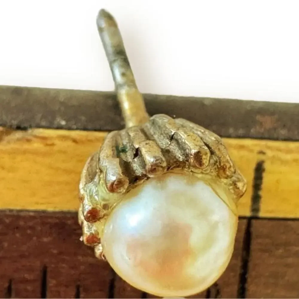 Vintage Bronze Tone Cream Pearl Brutalist Tie Tack/Pin 1950s w Chain and Bar